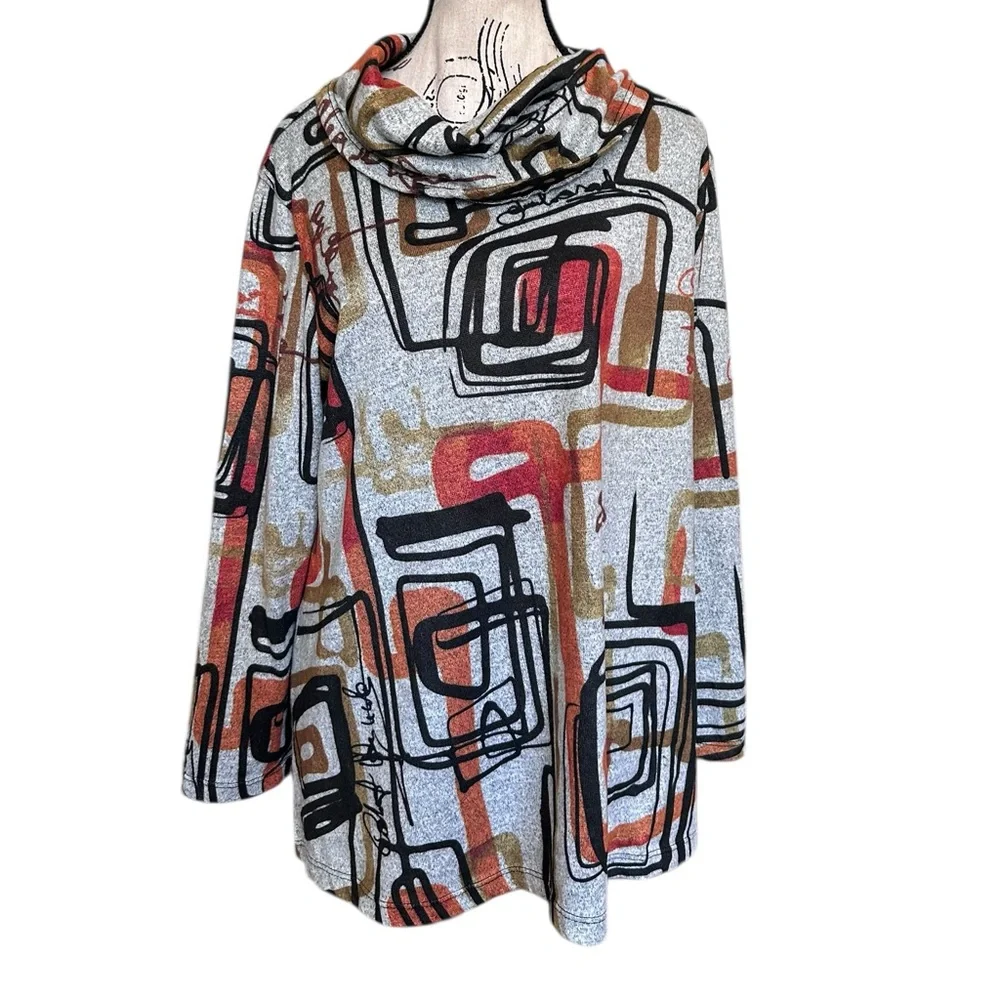 Jess & Jane Abstract Print Tunic Top Cowl Neck Sweater Medium Made USA Lagenlook